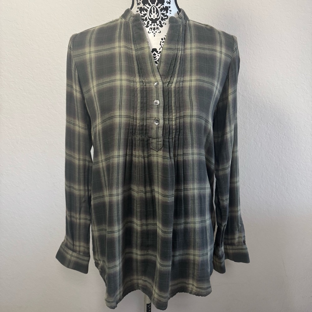 J.Jill Women’s Shirt Size XS Green Plaid Pleated Long Sleeve Cotton